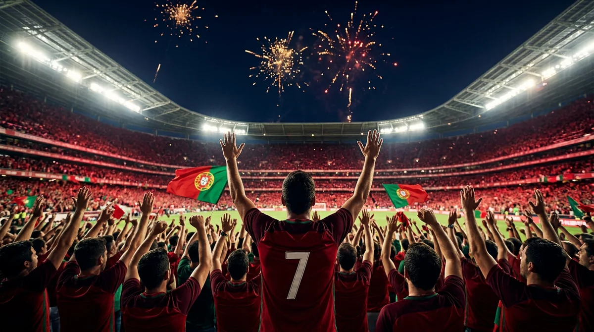 Portugal Selecao fans in red and green jerseys celebrating with Ronaldo CR7 number 7 jerseys at night stadium