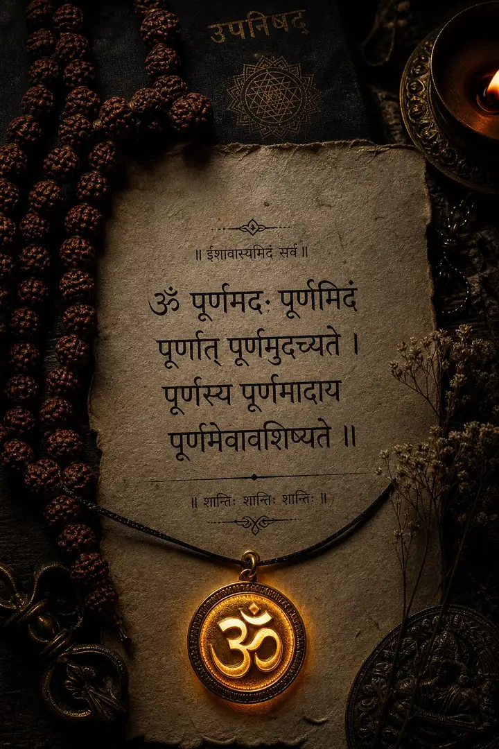 Sacred Rudraksha Beads Mala Glowing Om Medal Vedic Upanishad Shloka Calligraphy Flatlay