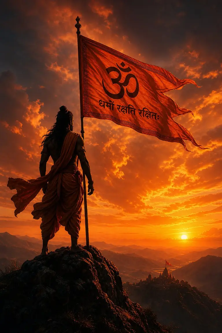 Cinematic Silhouette Indian Spiritual Warrior Mountain Peak Twilight Saffron Flag Pin