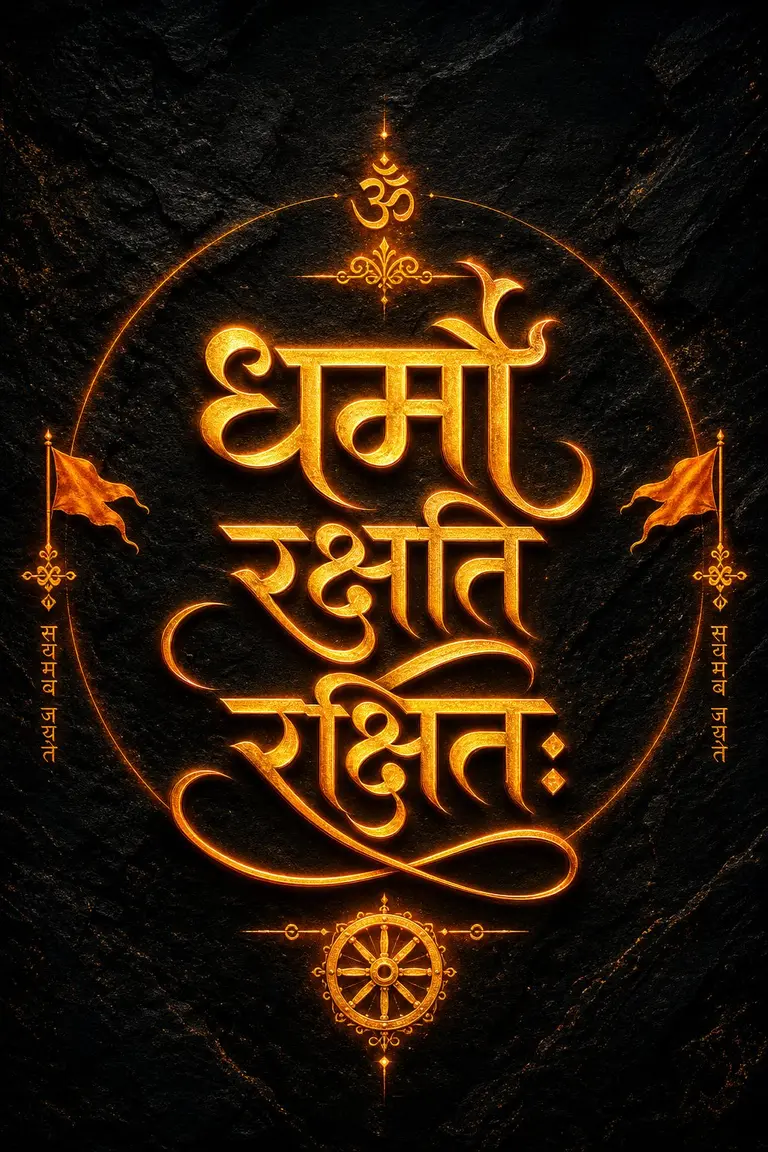 Glowing Golden Sanskrit Calligraphy Dharmo Rakshati Rakshitah Slogan Obsidian Graphic