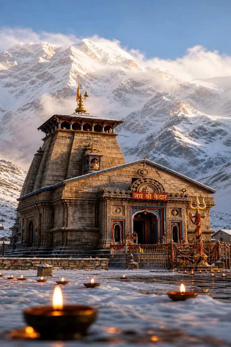 Serene Morning Char Dham Himalayan Temple Architecture Winter Snow Glowing Diyas Pin