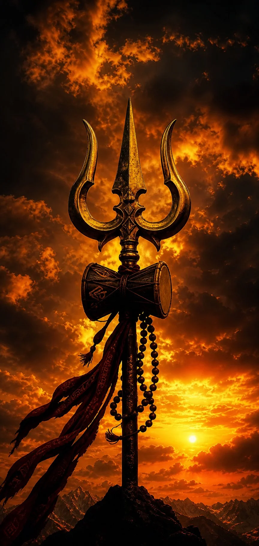 Lord Shiva Golden Trishul Damru Silhouette Aesthetic Wallpaper