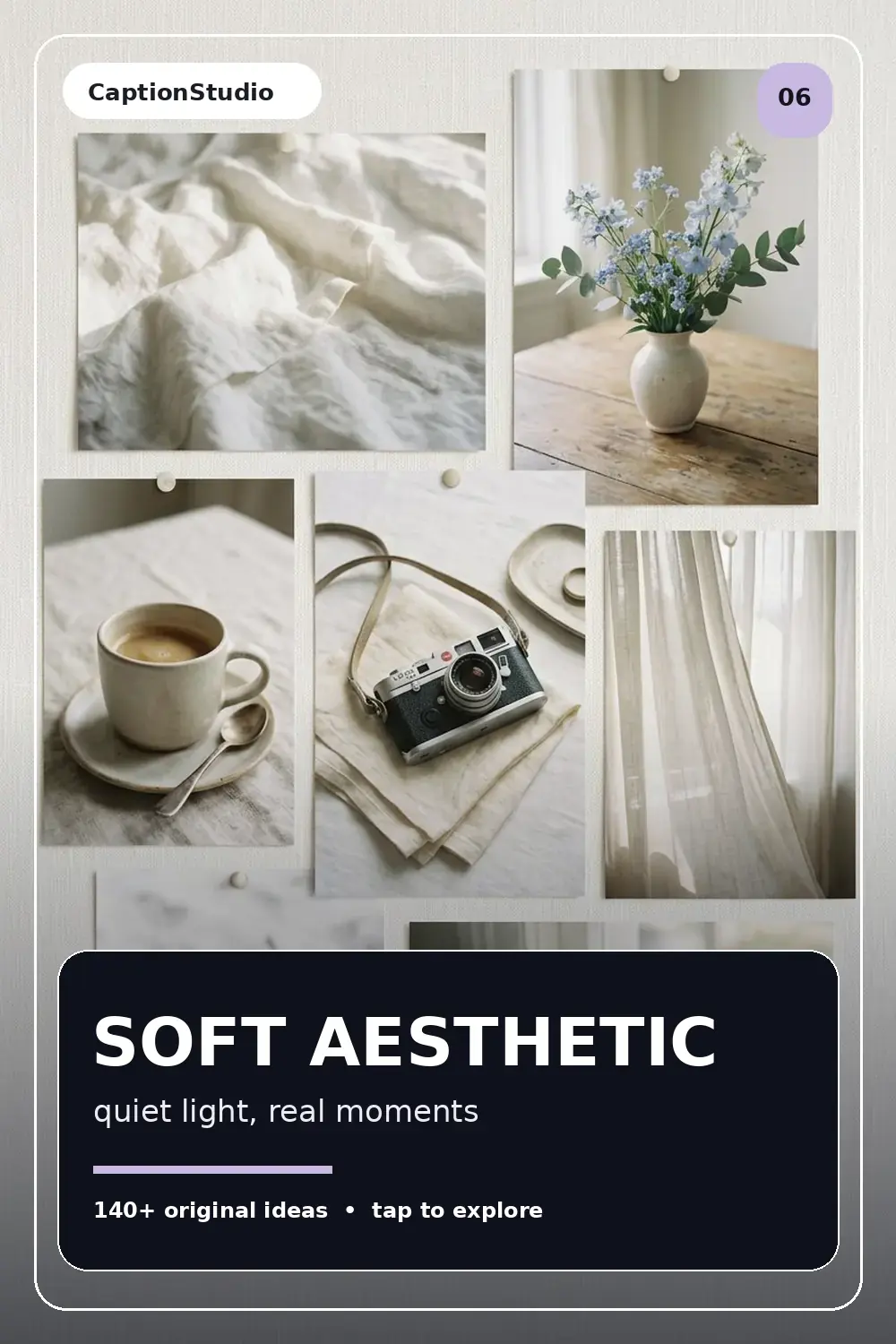 Soft modern aesthetic flat lay with linen, flowers, coffee and camera