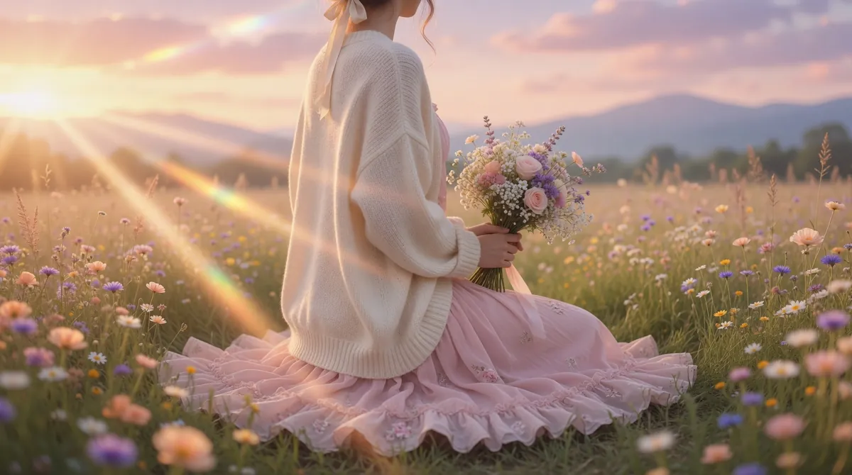 Soft girl aesthetic young woman in oversized cream knit cardigan and pastel pink midi skirt sitting in wildflower field at golden hour holding bouquet of baby breath and roses
