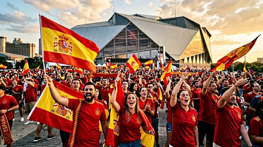Spain football fans in red jerseys waving flags before a World Cup 2026 match in Atlanta