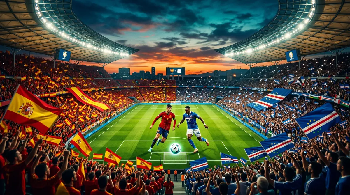 Spain and Cabo Verde fans with flags filling a glowing World Cup 2026 stadium at dusk in Atlanta