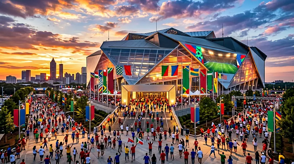 Modern World Cup 2026 stadium exterior in Atlanta at golden hour with fans arriving