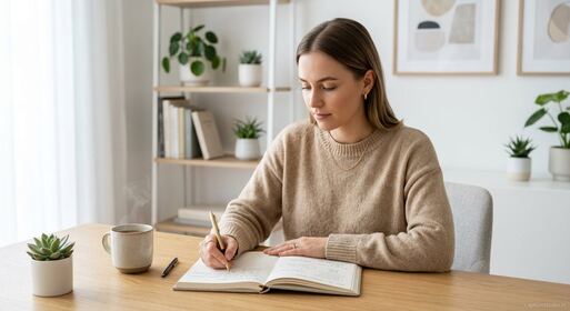 Indian female content creator practicing morning gratitude journaling on balcony in modest Indian apartment 2026, calm focused expression, natural light, authentic desi lifestyle