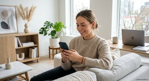 Indian content creator checking phone analytics with quiet smile of relief in modest Indian living room 2026, natural expression of small success, authentic home setting with laptop and notebook