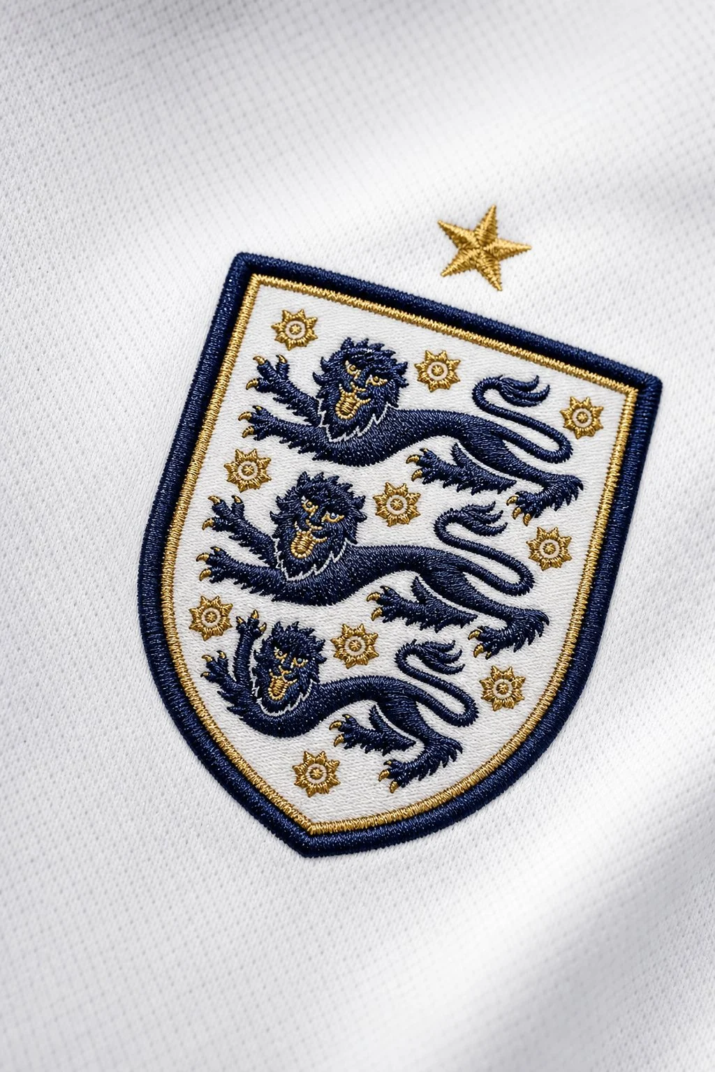 Minimalist luxury macro Three Lions England football crest embroidered in gold wire on crisp white jersey