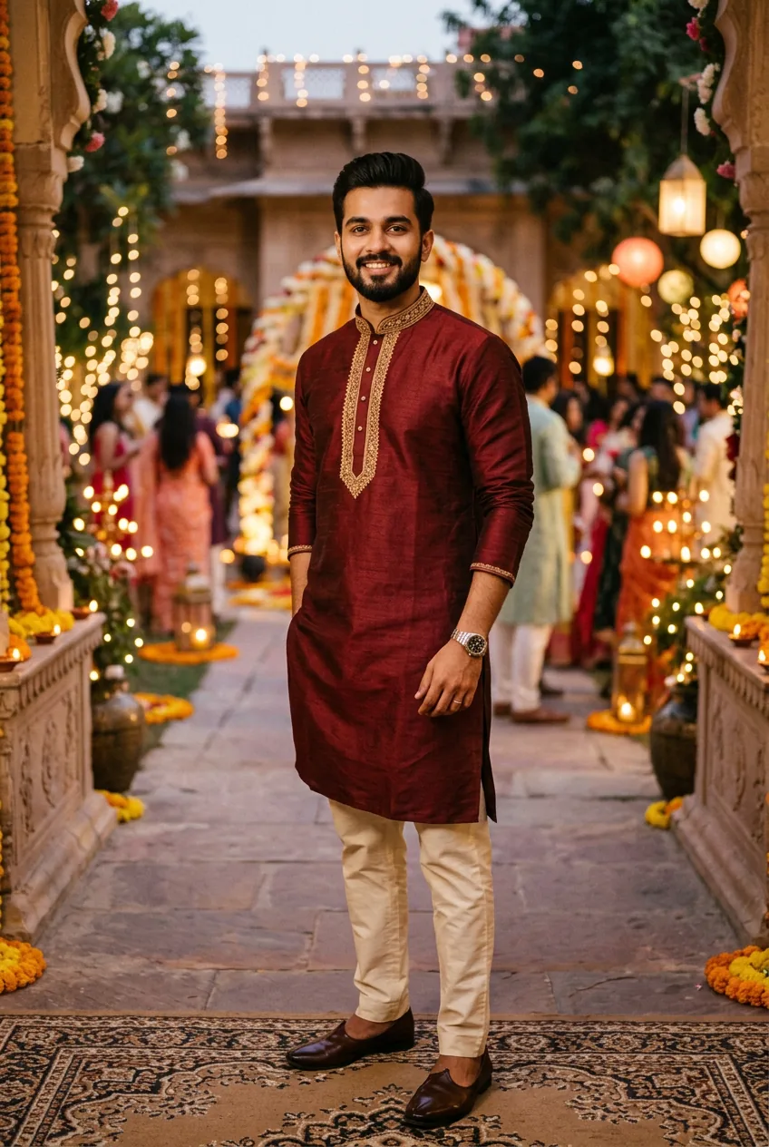 Stylish young Indian man in a classy kurta standing in festive lights