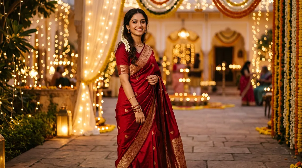 Elegant Indian woman in a saree for traditional Instagram captions 2026