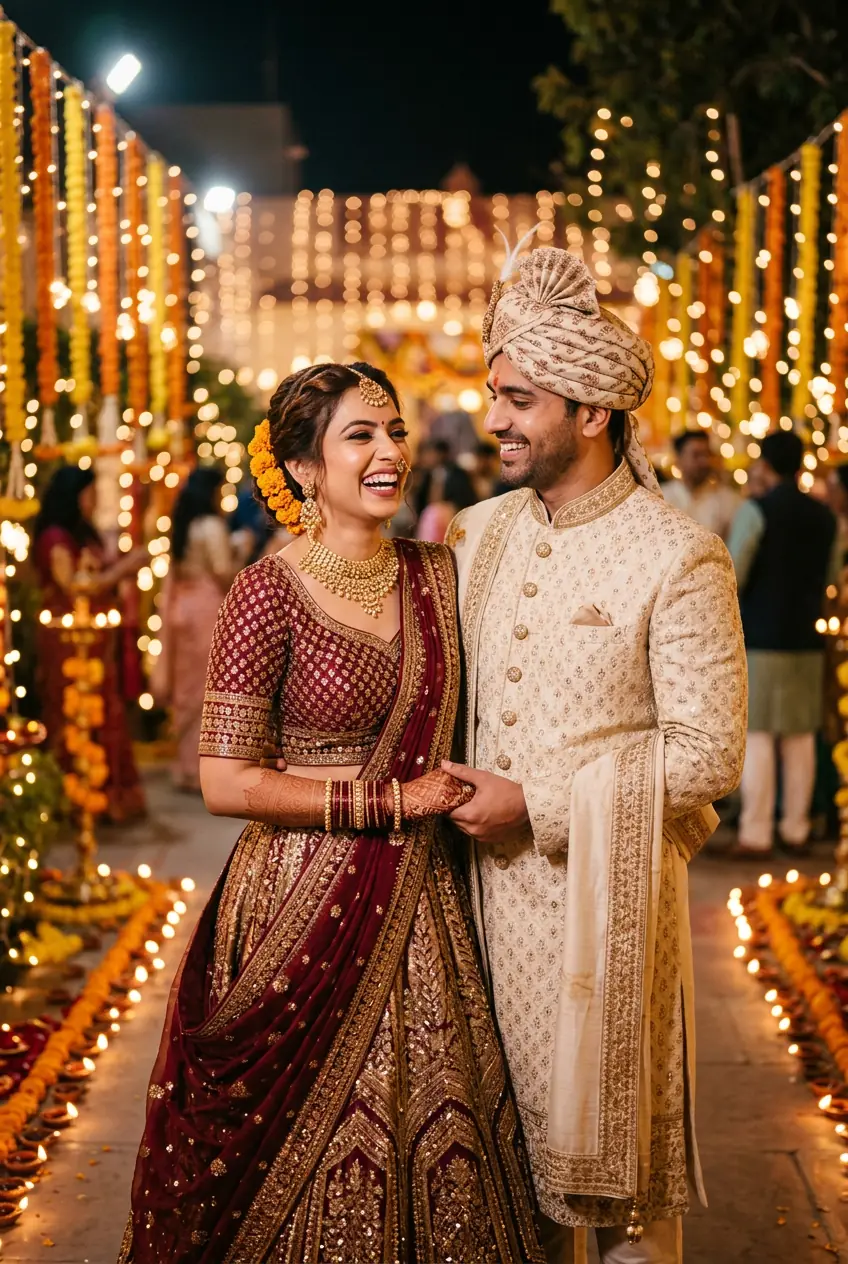 Indian couple in traditional outfits smiling at a festive event