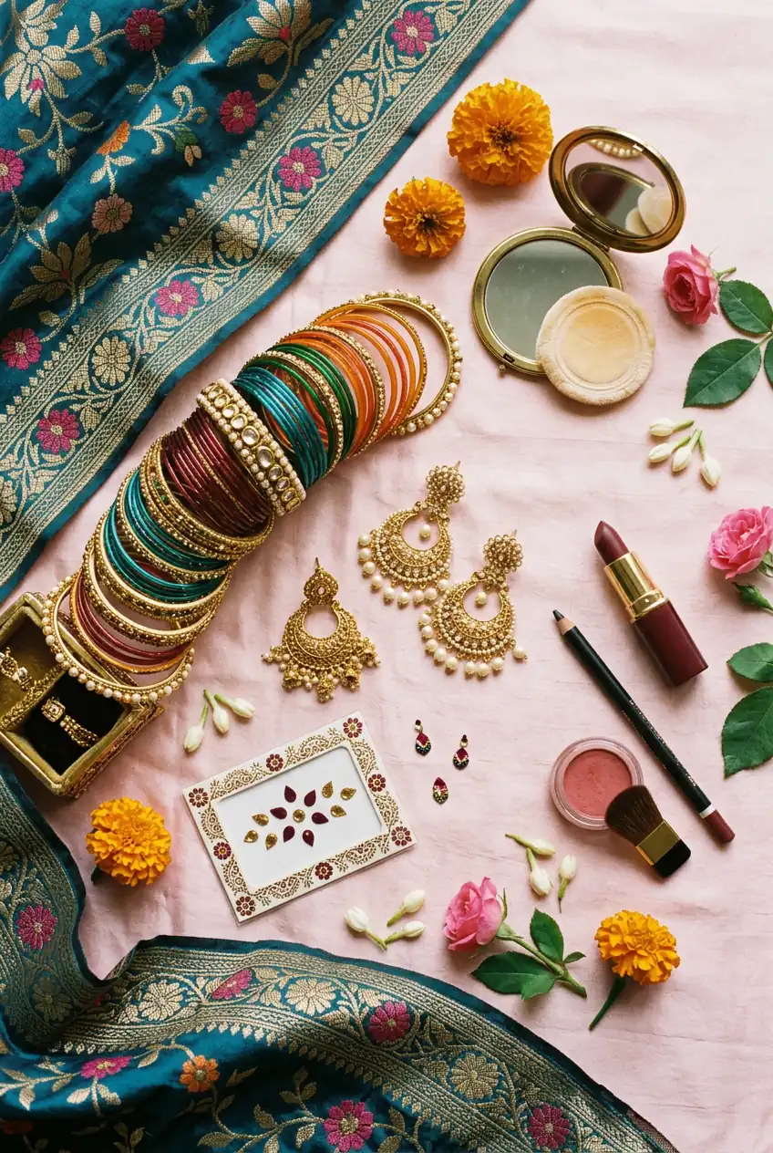 Festive flatlay with bangles bindi jhumkas and dupatta
