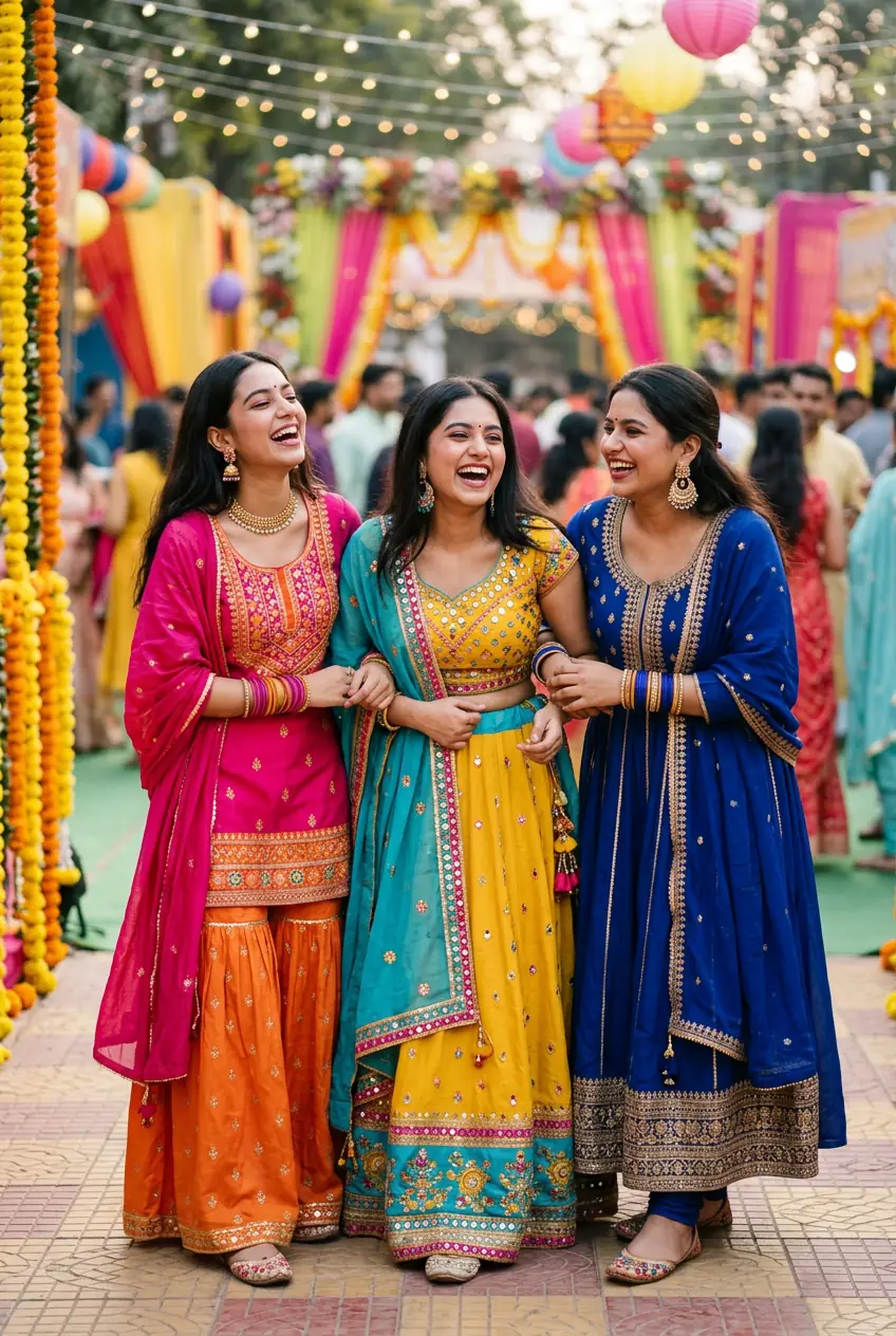 Three Indian girls in festive ethnic outfits laughing together