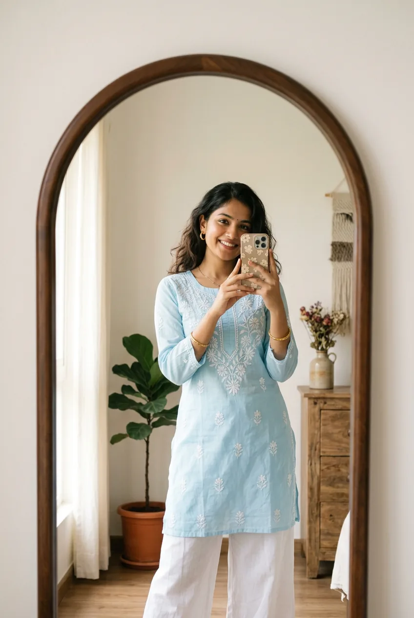 Cute Indian girl taking a mirror selfie in a pastel kurti