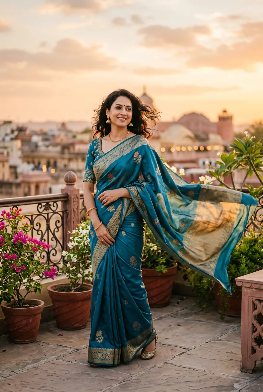 Elegant Indian woman in saree at golden hour for traditional Instagram captions