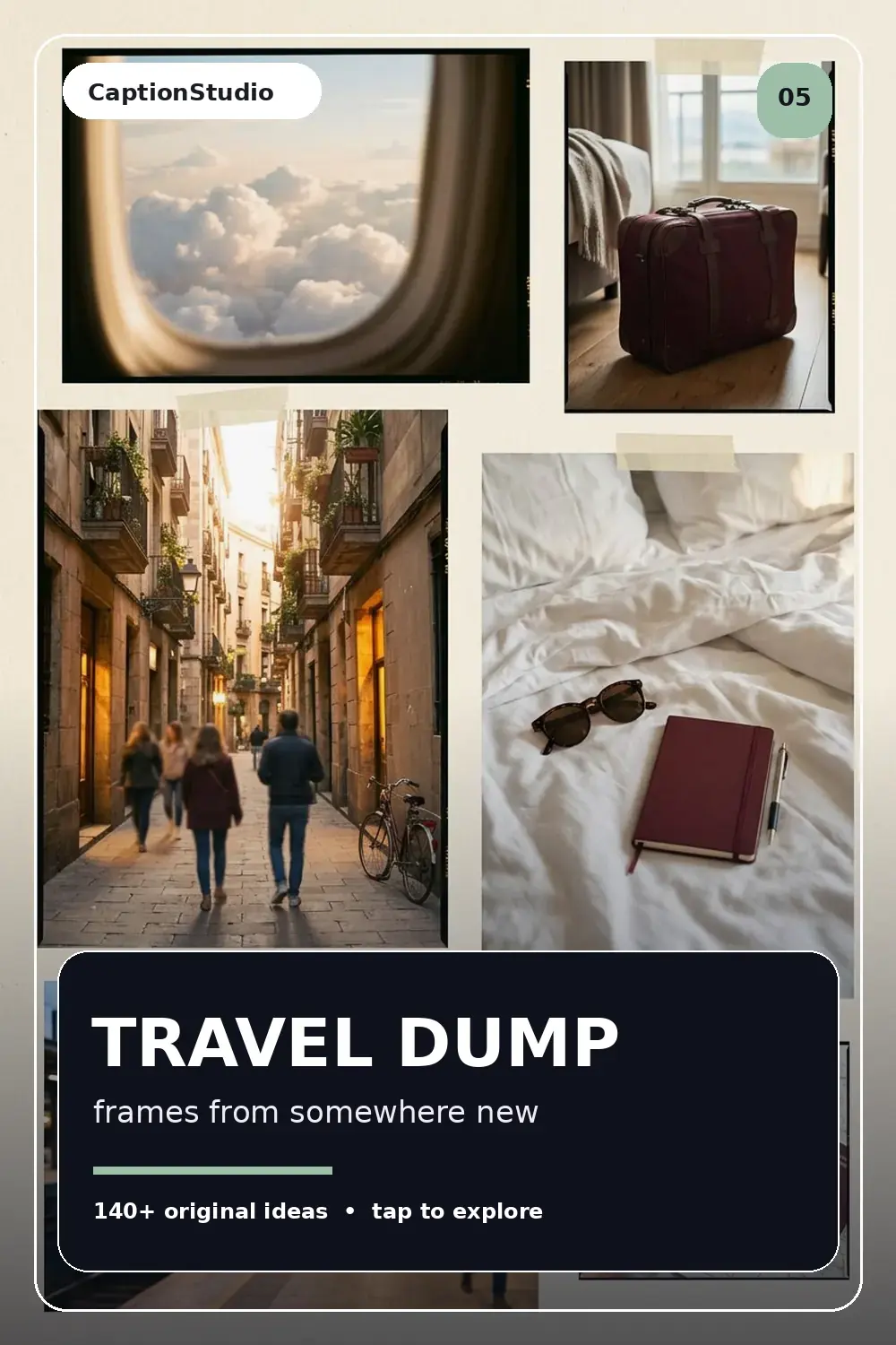 Global travel collage with airplane window, street, train and hotel details