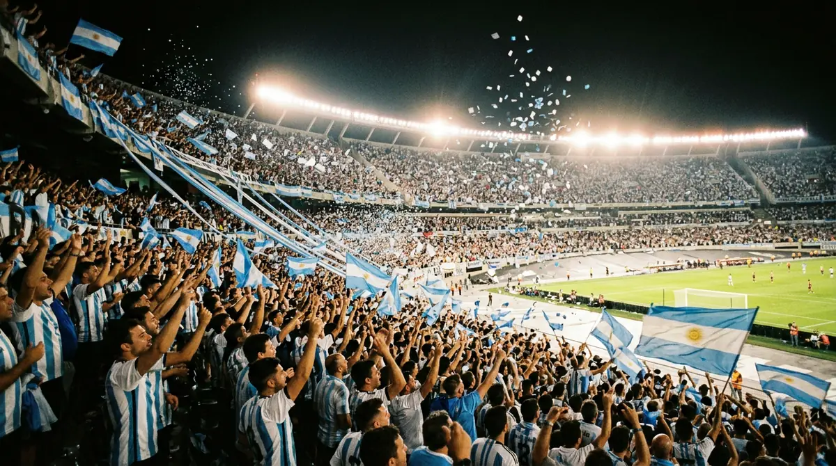 Argentina football crowd chanting with blue and white flags under stadium lights