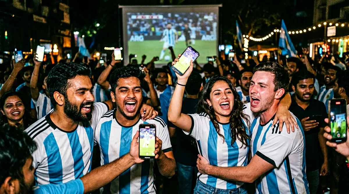 Indian and global Argentina fans watching football together at night
