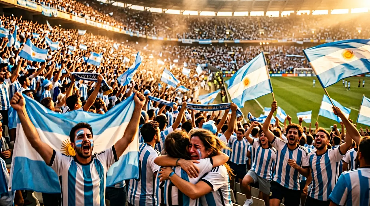 Argentina football fans celebrating while chanting Vamos Argentina in a stadium