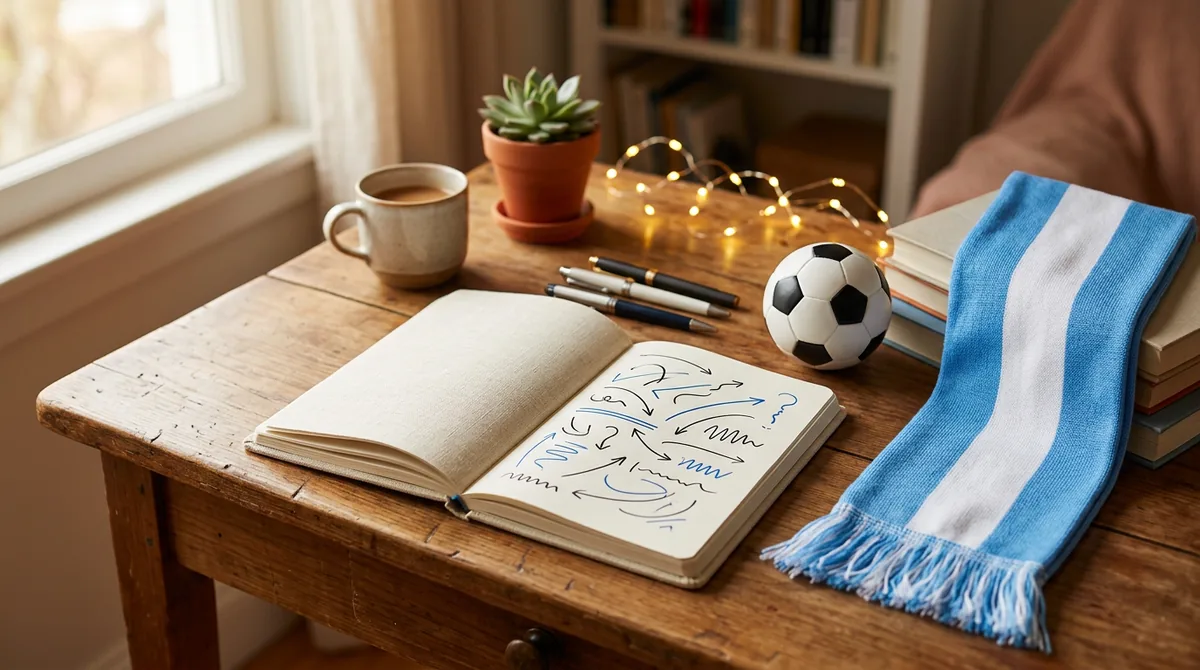 Notebook and Argentina scarf representing Spanish to English football translation