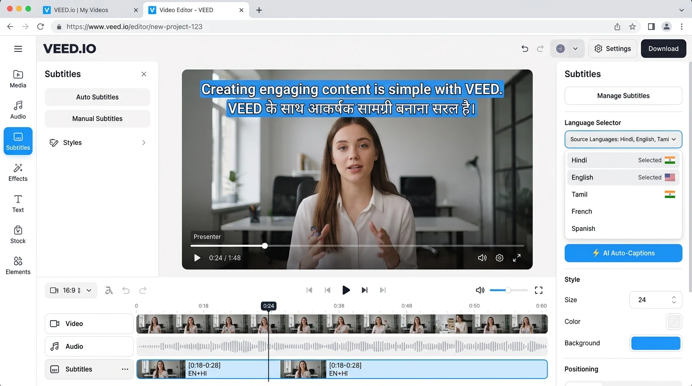 VEED.io browser-based online video editor auto-captions Hindi English India 2026