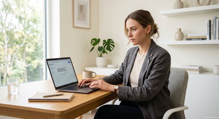 Young Indian-neutral content creator planning viral captions in clean modern home office 2026, focused professional expression