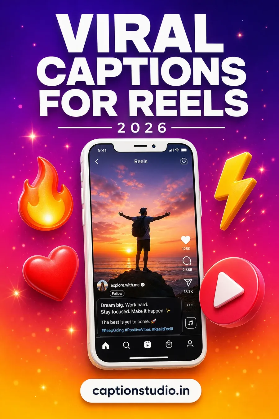Viral Instagram Reels caption strategy 2026 — hook, value and CTA formula on a phone mockup