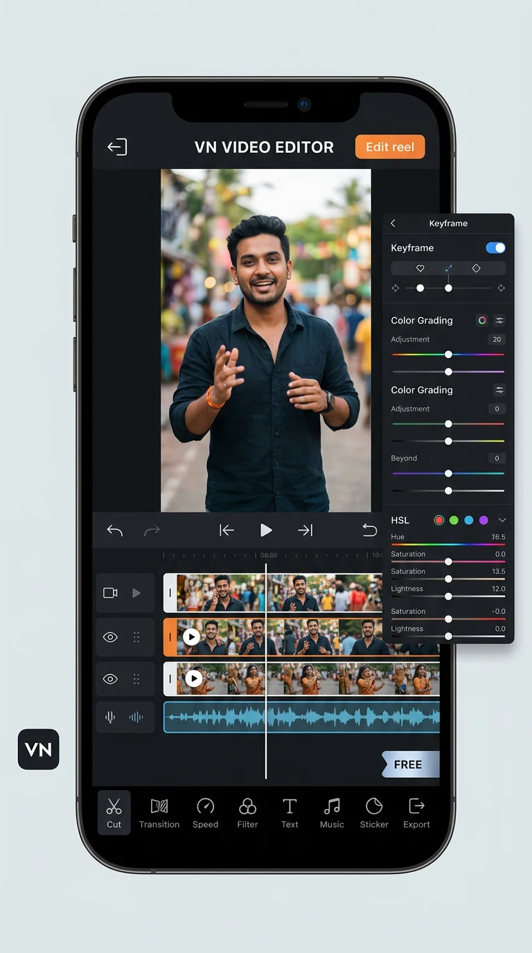 VN Video Editor app interface India 2026 - free professional mobile editor no watermark