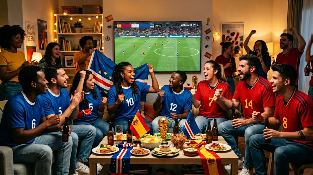 Friends in Spain and Cabo Verde jerseys at a World Cup 2026 watch party cheering at a screen