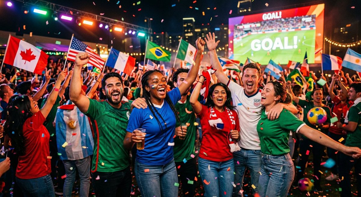 Funny World Cup 2026 watch party with fans laughing, cheering and celebrating with confetti