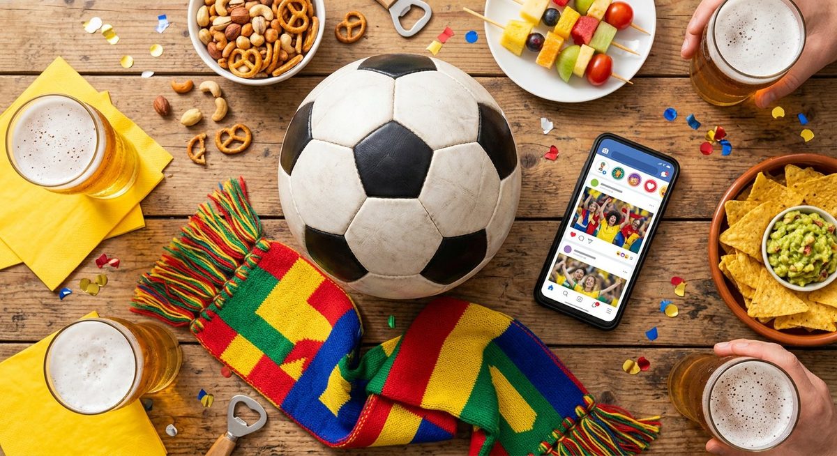 Fun flat-lay of a soccer ball, snacks, phone and flag scarf for a World Cup watch party