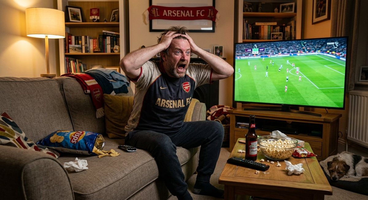 Funny soccer fan reacting dramatically while watching a World Cup match on TV with snacks on the couch