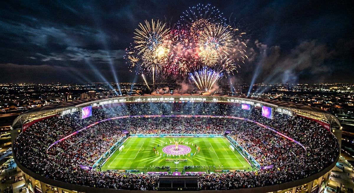 Aerial night view of a packed World Cup 2026 stadium with fireworks during the opening match atmosphere