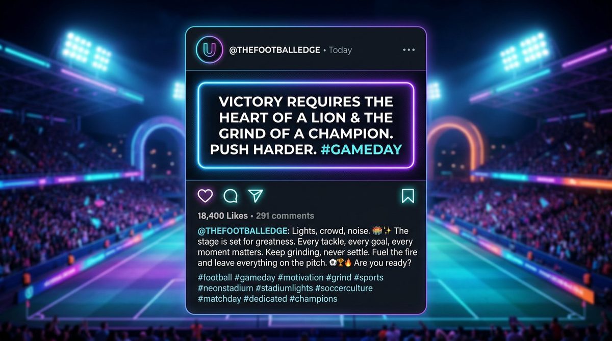 Instagram caption card mockup with a World Cup 2026 football caption on a neon stadium background