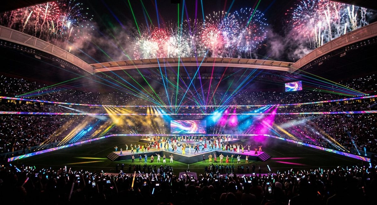 World Cup 2026 opening ceremony stage with lights, lasers and fireworks in a massive stadium