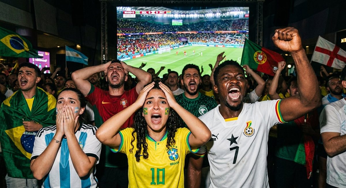 Diverse football fans reacting emotionally while watching the World Cup 2026 opening match on a big screen