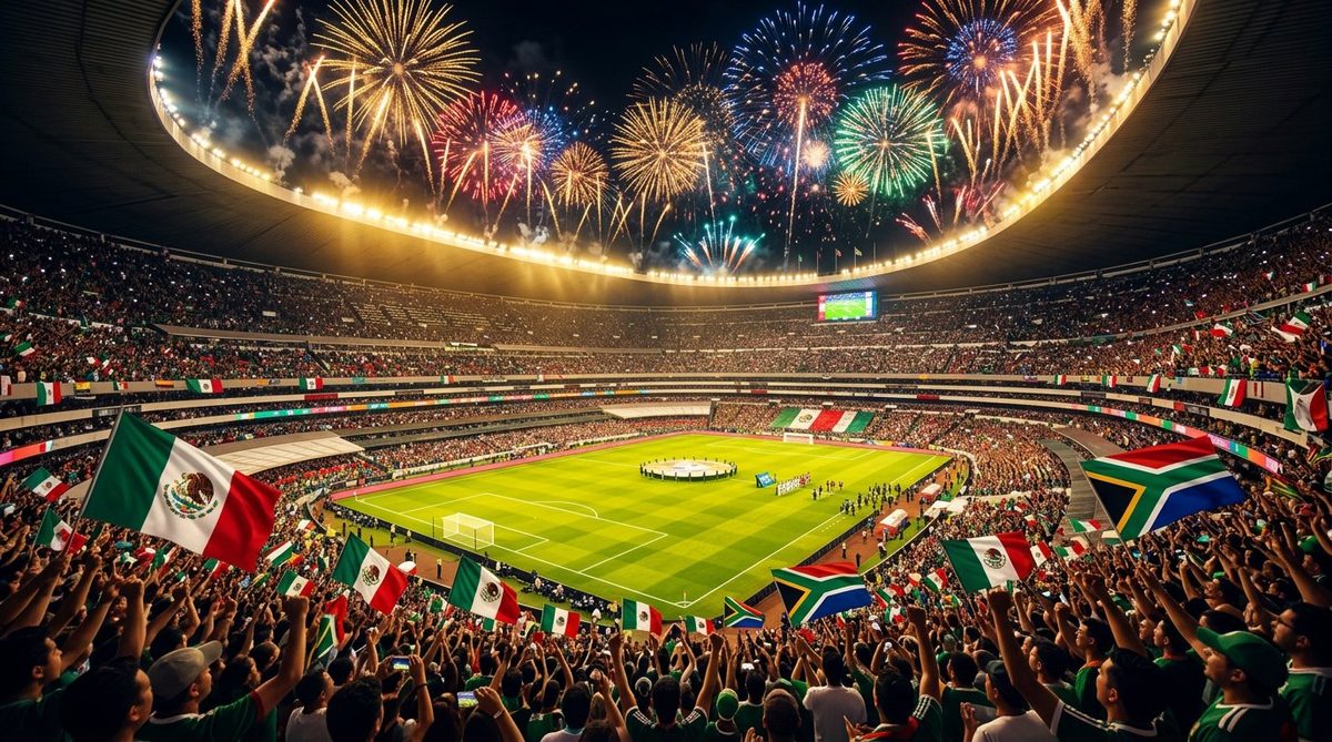 World Cup 2026 opening match at Estadio Azteca night with fireworks, Mexico and South Africa flags and a packed celebrating crowd