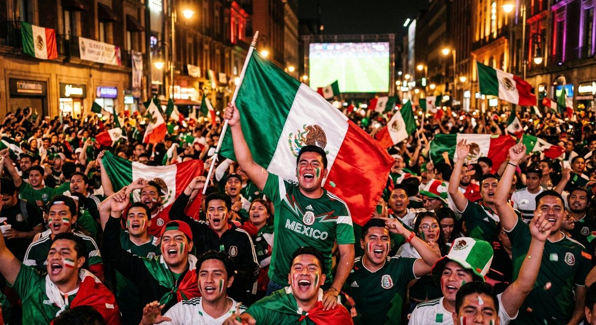 Mexican football fans celebrating at a night watch party with flags and green white red face paint