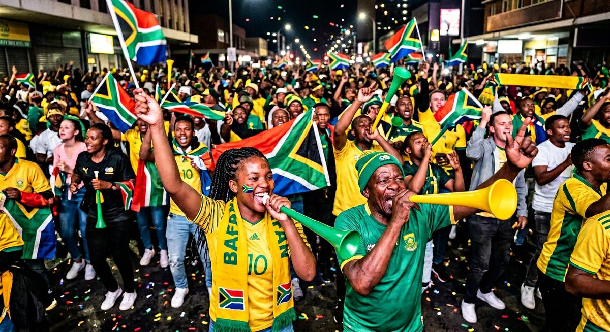 South African football fans cheering with vuvuzelas in vibrant yellow and green national colors