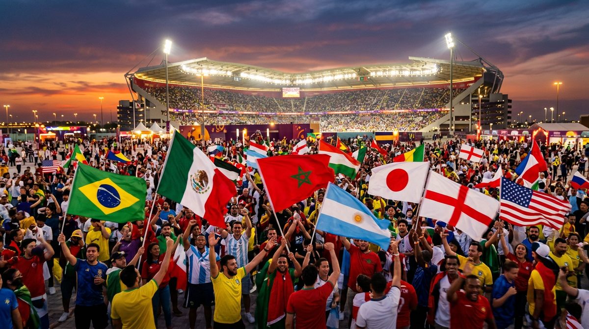World Cup 2026 fans with flags of many nations gathered outside a glowing stadium at dusk