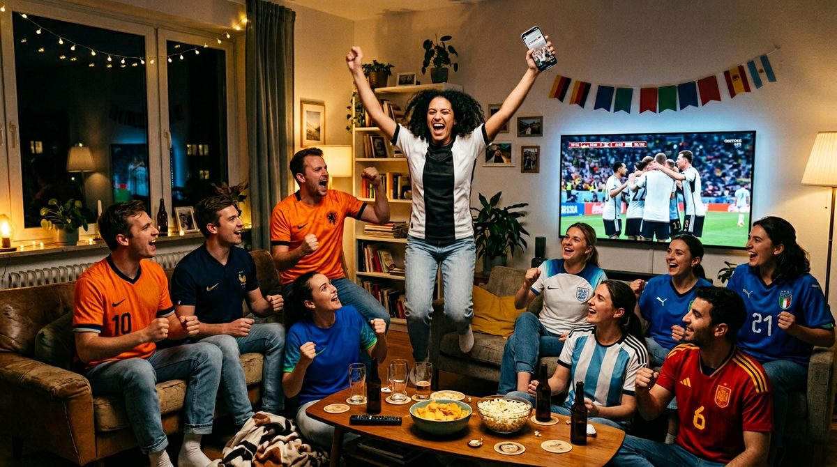 Friends in different national team jerseys celebrating a goal at a World Cup 2026 watch party