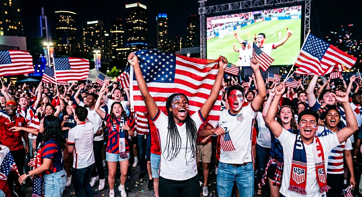 American soccer fans celebrating at a night watch party with USA flags and red white and blue face paint