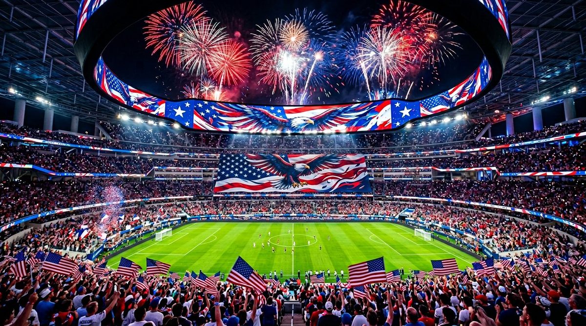 Team USA World Cup 2026 stadium at night with fireworks and a sea of American flags in the crowd