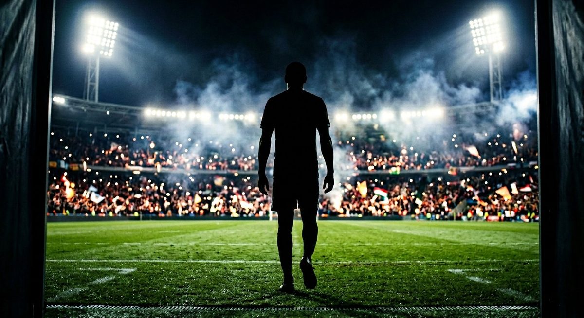 Silhouette of a soccer player in a red and white national jersey walking onto a floodlit World Cup pitch at night
