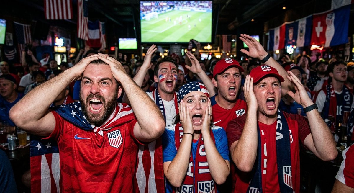 USA soccer fans reacting emotionally while watching the World Cup 2026 match with shocked excited faces
