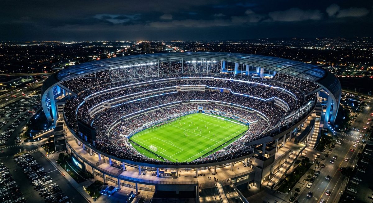 Aerial night view of a packed American World Cup 2026 stadium with the crowd lit up for Team USA's opener