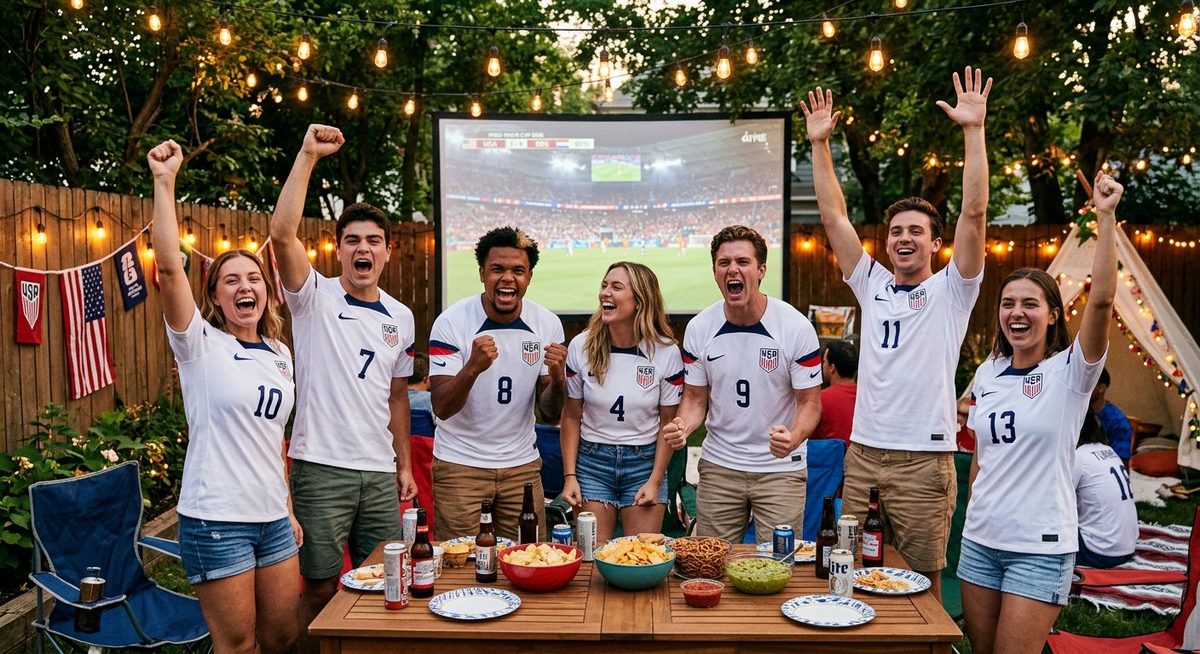American friends at an outdoor watch party for the World Cup 2026 cheering around a big screen in USA jerseys
