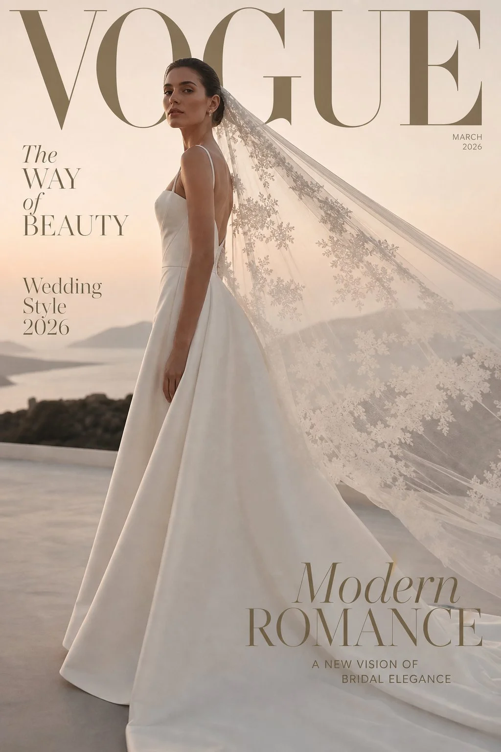 High-fashion Vogue magazine editorial bridal solo portrait bride wearing bespoke silk gown with cathedral veil